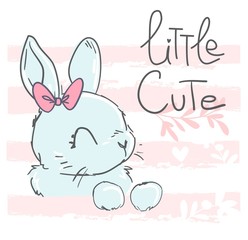 Bunny Vector stock illustration. Cute rabbit and bow on a striped pink background with floral decorative ornament. Childish print for textiles, t-shirts, background. Lettering- Little cute.
