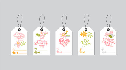 Set of Valentines Day gift tags with lines To and From. Typographic vector design with illustrations and wishes. Holiday valentine card badges and labels with love theme