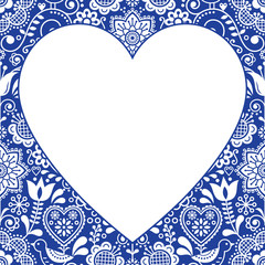 Valentine's Day greeting card, Folk heart vector design, Scandinavian floral background in white and navy blue 	