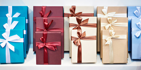 Gift boxes on store shelf