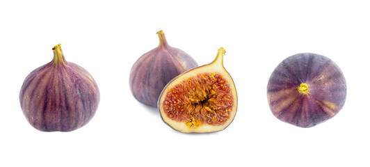 Whole and cut purple figs isolated on white background. Healthy food concept. Tropical sweet fruit for your design, set