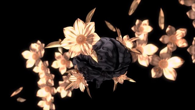 Abstract background of a matte black brain with golden flowers