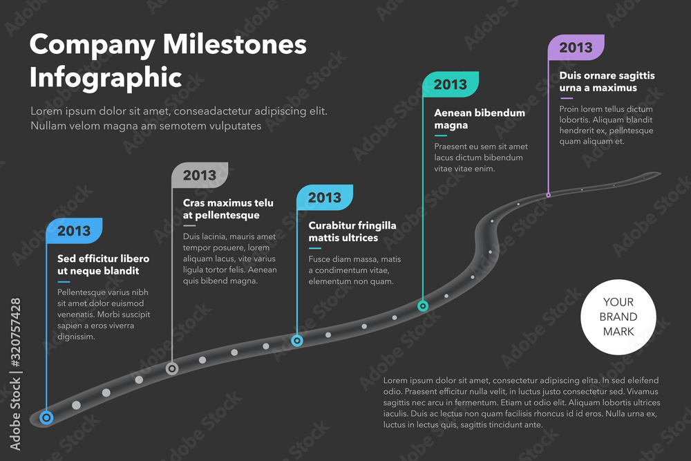 Poster Modern business infographic for curved road map timeline template with pointers - dark version. Easy to use for your website or presentation.