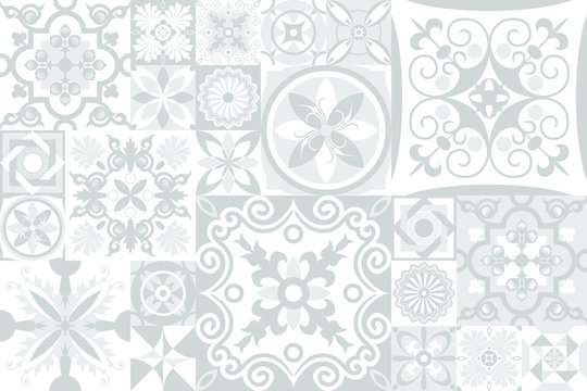 Vintage grey tiles intricate details for a decorative look. Ceramic paint floor, ornament Collection Patchwork Pattern Colorful Painted tin Vector background Pattern. Geometric decoration for floor