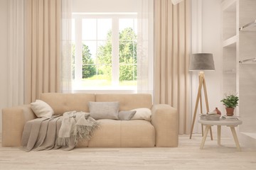 Stylish room in white color with sofa and summer landscape in window. Scandinavian interior design. 3D illustration
