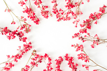 Round wreath frame border made of red wildflowers and leaves. Flat lay, top view copy space mockup background.