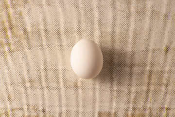 one white chicken egg on a wooden background. place for text, easter holiday concept