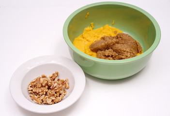 ingredients for dough - mass of oranges, ground nuts and peeled walnuts