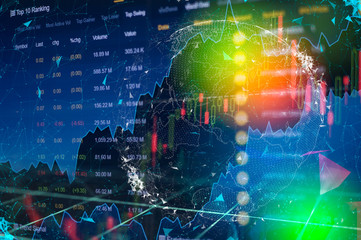 Fototapeta na wymiar Stock market digital graph chart on LED display concept. A large display of daily stock market price and quotation. Indicator financial forex trade education background.