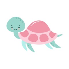 Happy cute turtle with smile on white background, Vector cartoon illustration.