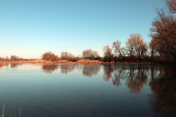 Obraz premium Beautiful view of the lake, sky, reeds. Reflection of trees in the water.