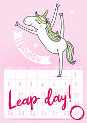 Leap day leap year 29 February calendar page with unicorn. Background Leap day leap year 29 February calendar and unicorn jump illustration vector graphic.