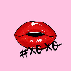 #xoxo text with red lips - lovely greeting card phrase for Valentine day. Hand drawn lettering for Lovely greetings cards, invitations. Good for t-shirt, mug, scrap booking, gift, printing press.