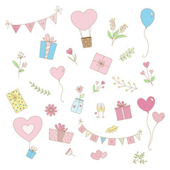 Set of cute pastel valentine elements with hearts, balloon, flowers, leaves, gift box.