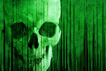 Imitation of a binary matrix with the image of a human skull, isolated on black. Hacking Attack....