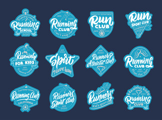 Set of vintage stickers, patches. Sport and Run badges, templates, emblems, stamps