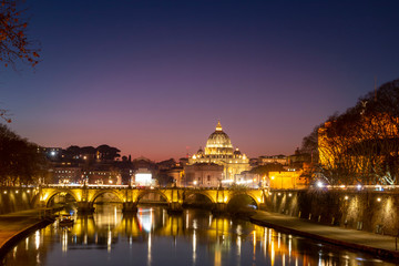 Fototapeta na wymiar Night view of the Basilica St Peter Cathedral in Rome, Italy. Wonderful view of St. Peter's Cathedral at sun set.