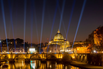 Fototapeta premium Night view of the Basilica St Peter Cathedral in Rome, Italy. Wonderful view of St. Peter's Cathedral at sun set.