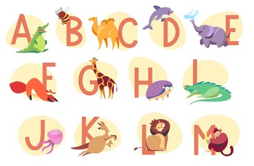 Alphabet with exotic animals, children abc vector illustration. Learn English language in kindergarten, cute animals cartoon characters. Letters of English alphabet for preschool kids education