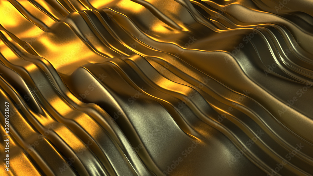 Poster 3d render abstract background with wavy gold lines and warm light.