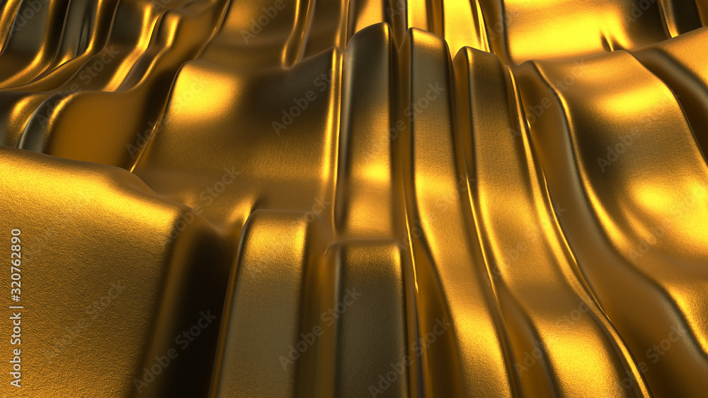 Poster 3d render abstract background with wavy gold lines and warm light.