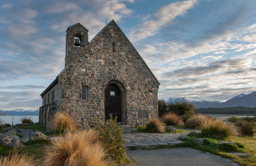 Fototapeta na wymiar Lake Tekapo South island New Zealand. Church of the good shepard. Twilight. At night