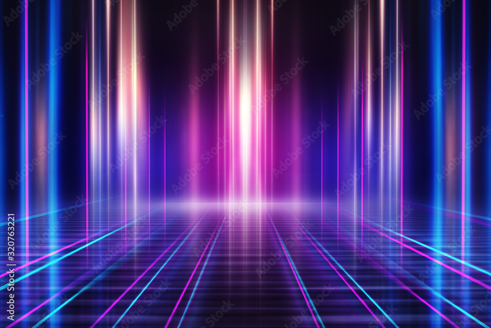 Poster abstract dark background with blue and pink neon glow. neon light lines. show empty stage background