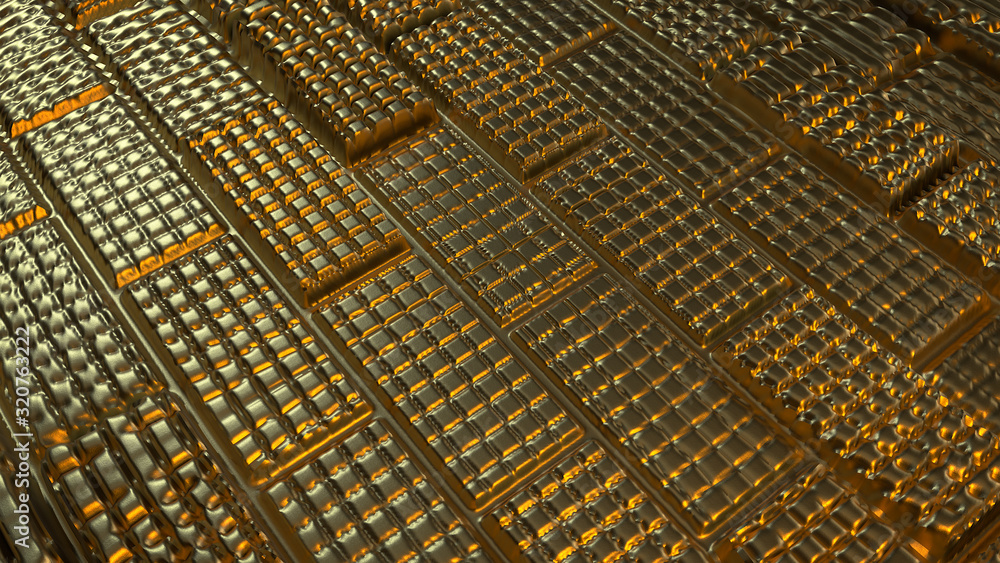 Poster 3d render abstract background with brick ornament and gold texture. warm light with the depth of fie