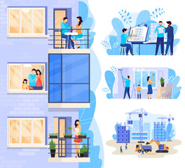 Happy family in modern apartment, new house construction vector illustration. Building project engineering, people moving to new home apartment, modern residential building concept. Family relocation