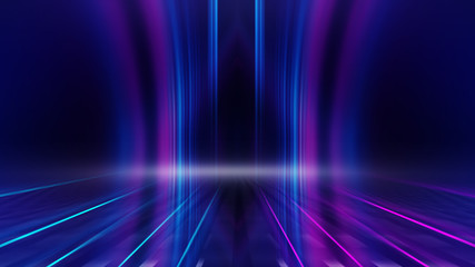 Abstract dark background with blue and pink neon glow. Neon light lines. Show empty stage background