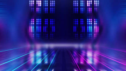 Abstract dark background with blue and pink neon glow. Neon light lines. Show empty stage background
