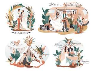 Wedding in boho style, romantic couple cartoon characters, vector illustration. Hippie wedding ceremony, happy newlywed couple, young man and woman in love. Set of romantic boho decorations lifestyle