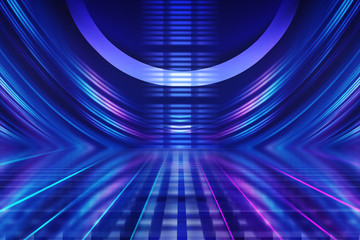 Abstract dark background with blue and pink neon glow. Neon light lines. Show empty stage background