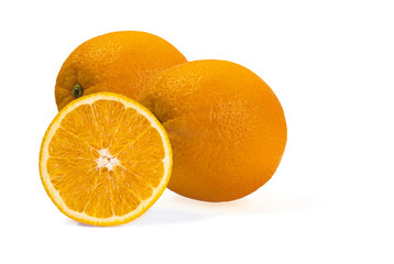 half and whole juicy sweet oranges isolated on a white background