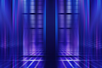Abstract dark background with blue and pink neon glow. Neon light lines. Show empty stage background