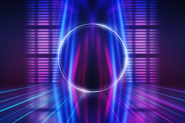 Abstract dark background with blue and pink neon glow. Neon light lines. Show empty stage background