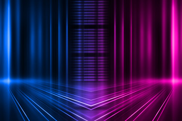 Abstract dark background with blue and pink neon glow. Neon light lines. Show empty stage background
