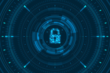 Fototapeta na wymiar Blue light data lock icon and circle HUD digital screen on dark background illustration, cyber security technology concept.