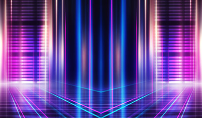 Abstract dark background with blue and pink neon glow. Neon light lines. Show empty stage background