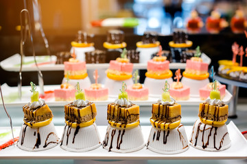 Delicious reception candy bar dessert table. Pieces of sweets cake dessert on a plate.