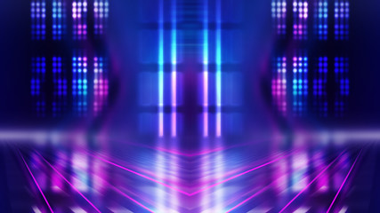 Abstract dark background with blue and pink neon glow. Neon light lines. Show empty stage background