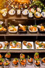 Culinary event. Food background, close-up. Catering buffet food in hotel restaurant. Fresh, celebration.