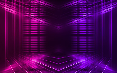 Abstract dark background with blue and pink neon glow. Neon light lines. Show empty stage background
