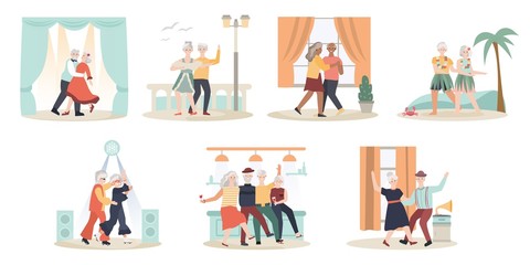 Fototapeta na wymiar Elderly couple dancing, cartoon characters vector illustration. Set of cute isolated icons in flat style. Senior man and woman, happy romantic couple retired. Dance at home, in club and on vacation