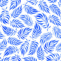 Fototapeta na wymiar Hand drawn watercolor botany seamless pattern. Palm leaves in blue color on striped backround. Luxury design for fabric, bed linen, textile, pillow, wrapping, wallpaper, background