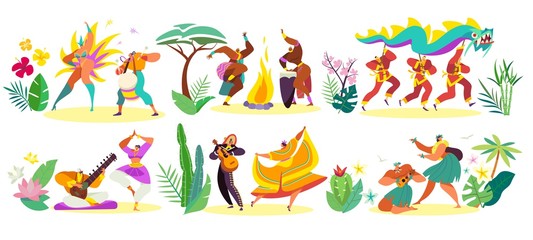 Obraz na płótnie Canvas Dancers in traditional costumes of different cultures, vector illustration. People dancing, man and woman in ethnic clothes, holiday celebration festival in different countries. National dance set