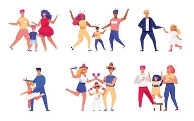 Fototapeta na wymiar Happy family, parents and children dancing together, vector illustration. Set of isolated stickers with people cartoon characters. Mother and father dance with kids in different costumes, flat style