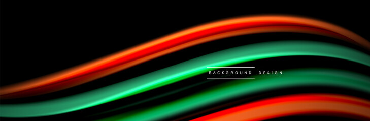 Silk and smooth flow wave poster design. Color waves, liquid style lines and shapes in black color background