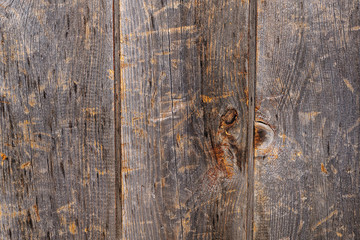Background design. Wooden fence made of old boards with the inclusion of knots, resin and remnants...