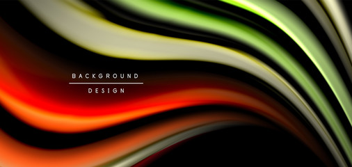 Abstract silk smooth lines on black, multicolored liquid fluid rainbow style waves on black